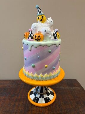 MacKenzie-Childs Halloween Trick or Treat Cake Pumpkins, Ghost on Pedestal